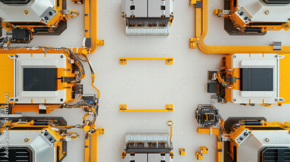 Poster high tech robotic assembly line featuring electric car components, showcasing advanced automation an