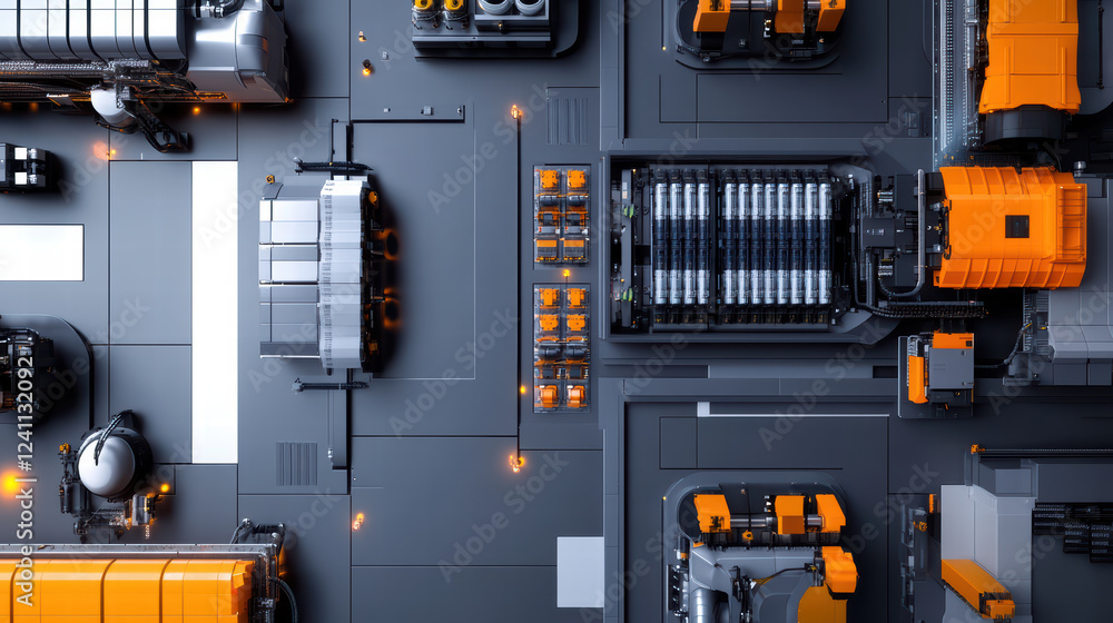 Poster high tech robot assembly line featuring electric car components and machinery. intricate layout show
