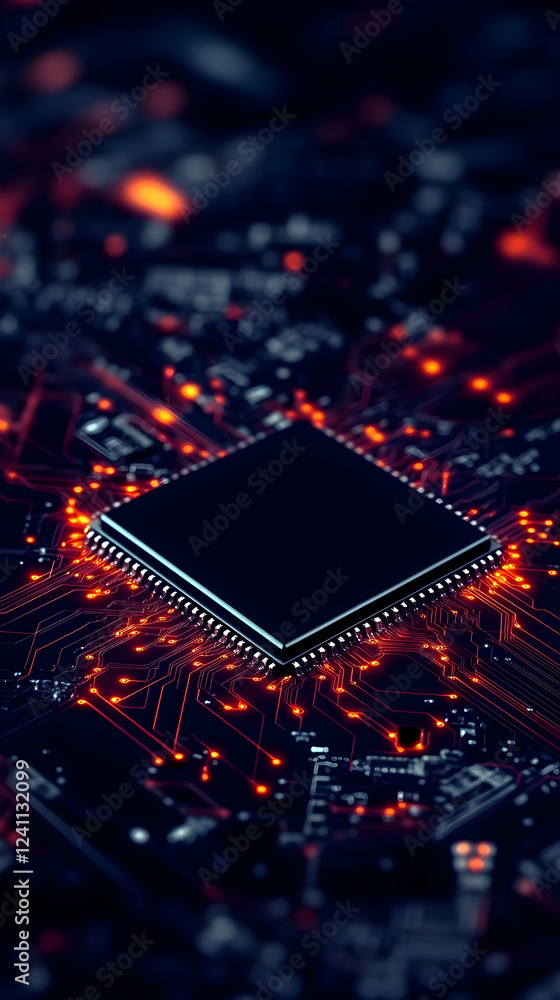 Poster illuminated cpu on circuit board, technological background, data processing