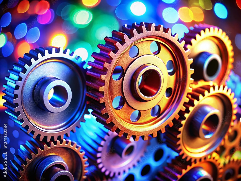 Poster macro shot of interconnected gears representing a 5-step business cycle infographic