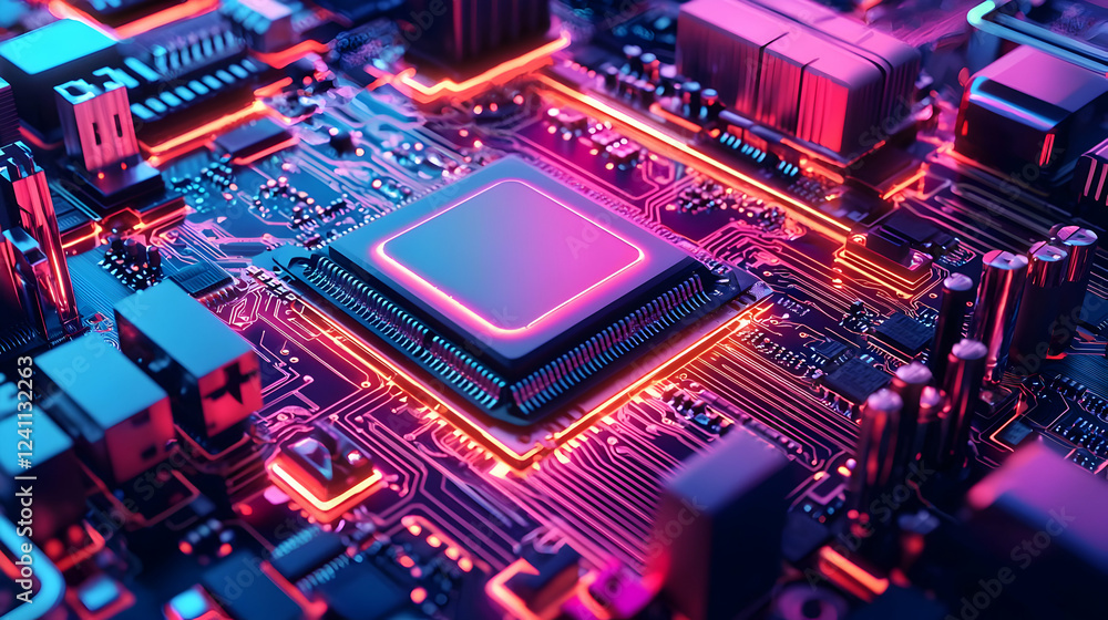 Poster close-up of a vibrant microchip on a circuit board with neon lights
