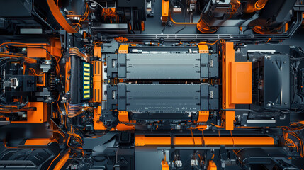 Innovative robot assembly line featuring electric car battery components, showcasing advanced technology and intricate design. vibrant orange and black colors highlight modern engineering