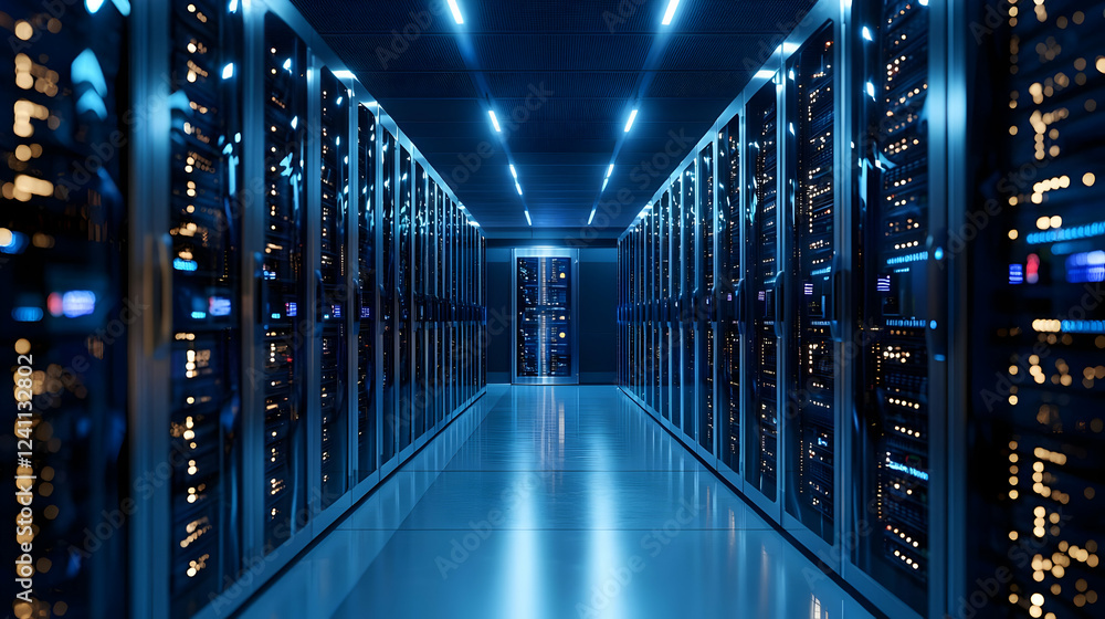 Poster modern data center with rows of servers illuminated by blue led lights