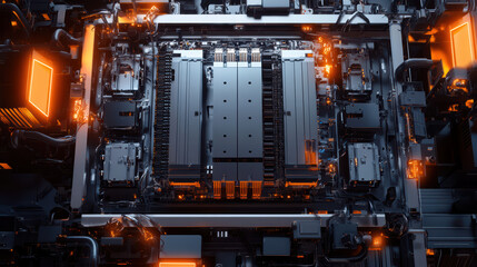 Fototapeta premium High tech electronic circuit board with glowing components and intricate design. This futuristic assembly showcases advanced technology and innovation in electronics