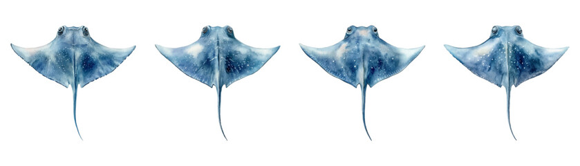 Watercolor set of stingrays png. Blue sea rays in watercolor style on isolated background. Sea and ocean inhabitants watercolor. Vector illustration.