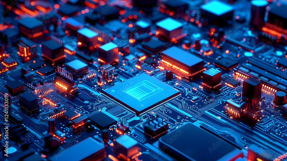 Poster close-up view of a vibrant microchip circuit board with glowing components