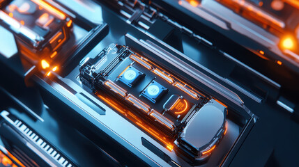 Fototapeta premium Innovative electric car battery design with glowing elements and sleek structure, showcasing advanced technology in modern assembly line