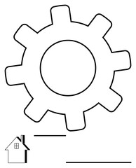 Large gearwheel adjacent to a small house with horizontal lines. Ideal for teamwork, process flow, technology, industry, collaboration, real estate, abstract line flat metaphor