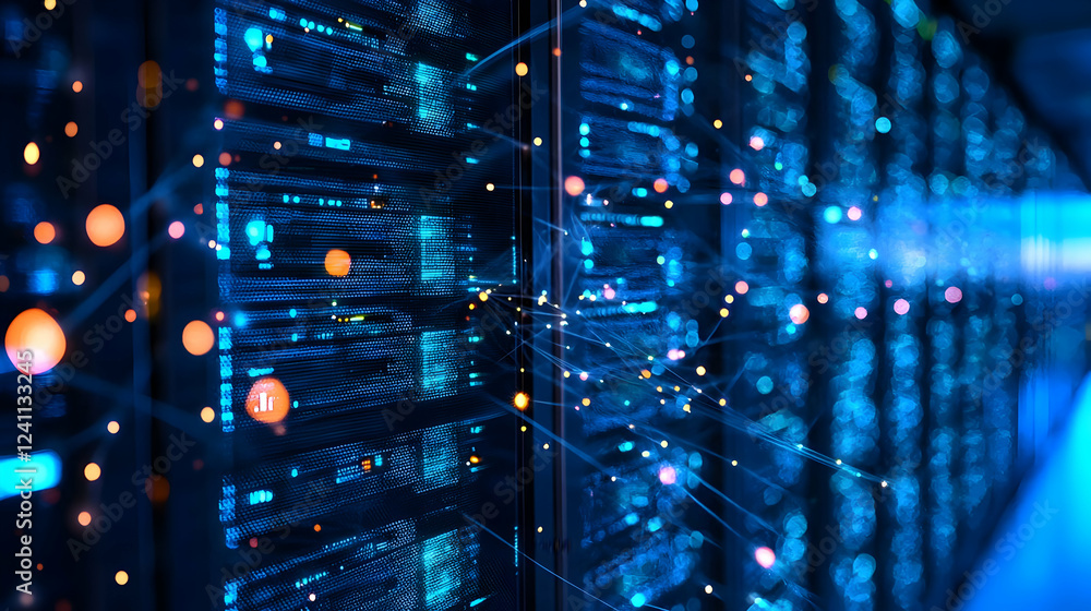 Poster data center with illuminated servers and network connections in action