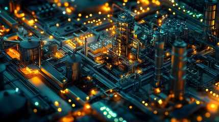 Aerial view of a vibrant industrial complex at night with glowing lights
