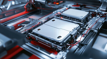 Innovative electric car battery assembly with advanced robotics and technology. intricate design showcases precision engineering and modern manufacturing processes