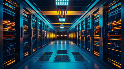 Fototapeta premium Futuristic data center interior with illuminated server racks and cables