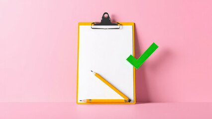 Minimalistic workspace concept with yellow clipboard, pencil, and checkmark on pink backdrop, business, yellow
