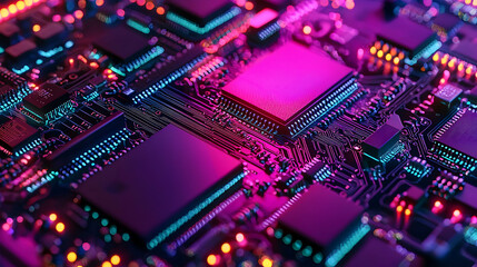 Obraz premium Close-up of a vibrant circuit board with colorful lights and intricate components