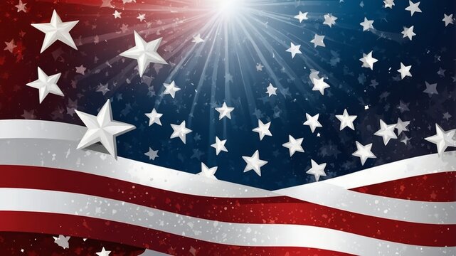 Stars and stripes wave proudly against a blue backdrop as light radiates in a festive Fourth of July celebration setting
