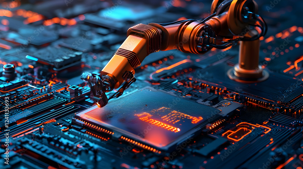 Poster robotic arm assembling microchips on circuit board in high-tech environment