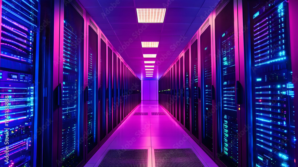 Poster vibrant data center corridor with colorful server racks and led lights
