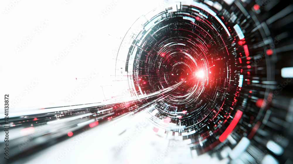 Poster red and white futuristic tunnel; data stream; abstract background; technology concept; website banne