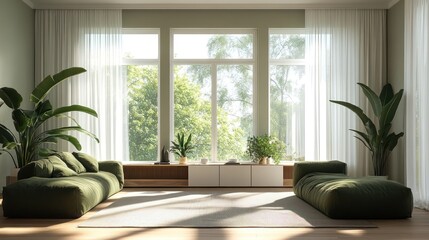 Naklejka premium Green sofa, sunlit living room, plants, window view, home decor