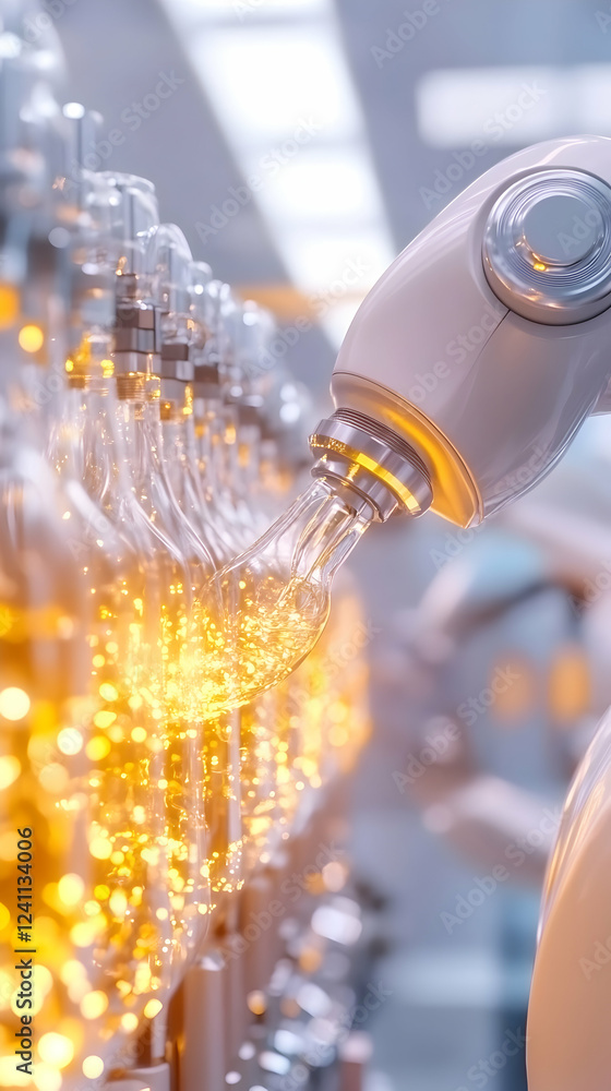 Aufkleber robotic arm handling glass products in a factory; automated manufacturing process; bright lights; in