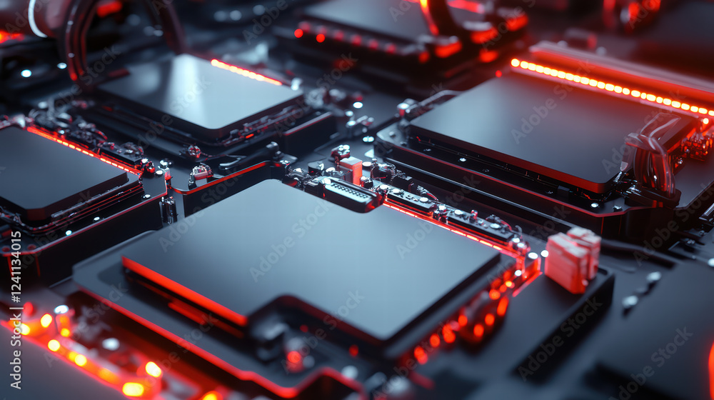 Aufkleber high tech circuit board with glowing red lights and microchips, showcasing advanced technology and i