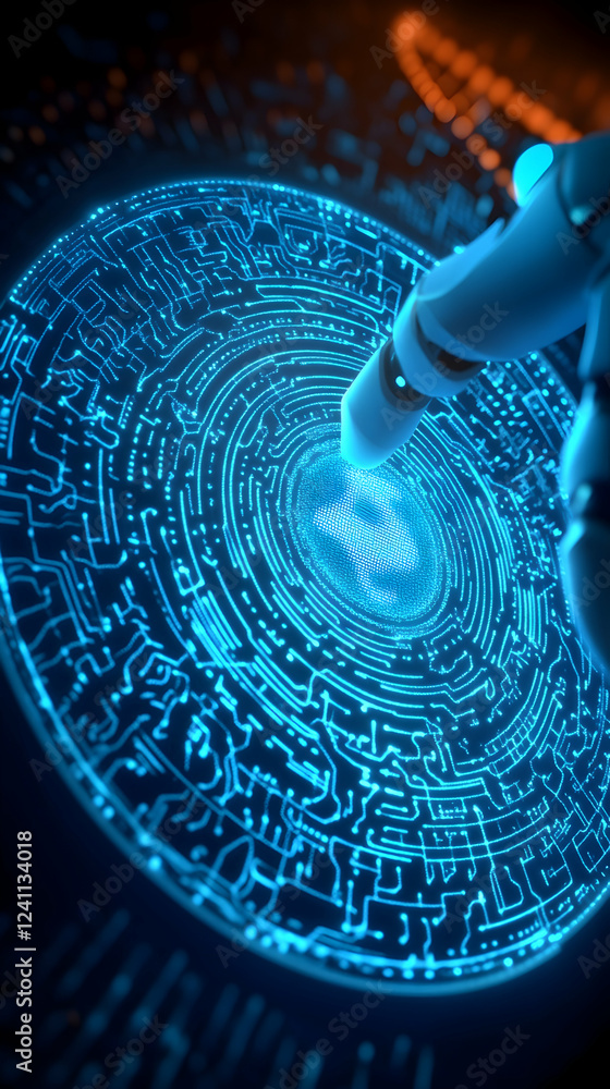 Poster robotic arm activates futuristic interface; digital circuits background; tech innovation concept