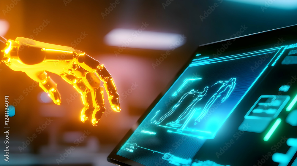 Poster robotic hand interacts with futuristic interface; digital human figures displayed; dark tech lab bac