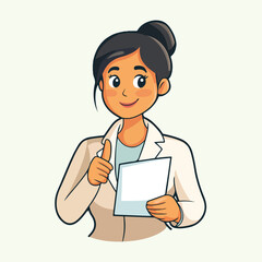 A woman in a lab coat is sitting at a desk with a paper in front of her vector illustration 
