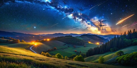 Magical Summer Night Landscape: Starry Sky Over Rolling Hills and Firefly Glow