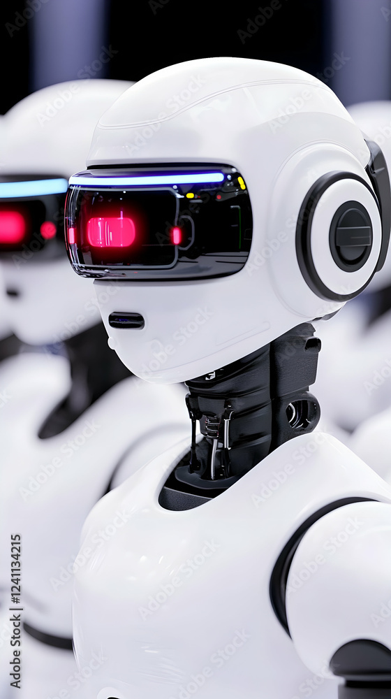 Poster robots line up in futuristic factory