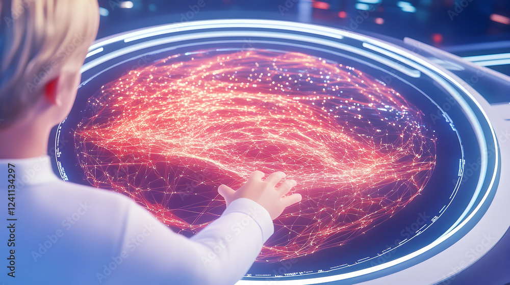 Poster scientist studying global network on futuristic touchscreen; background lab
