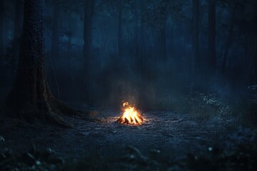 Campfire glowing in a dark forest at night