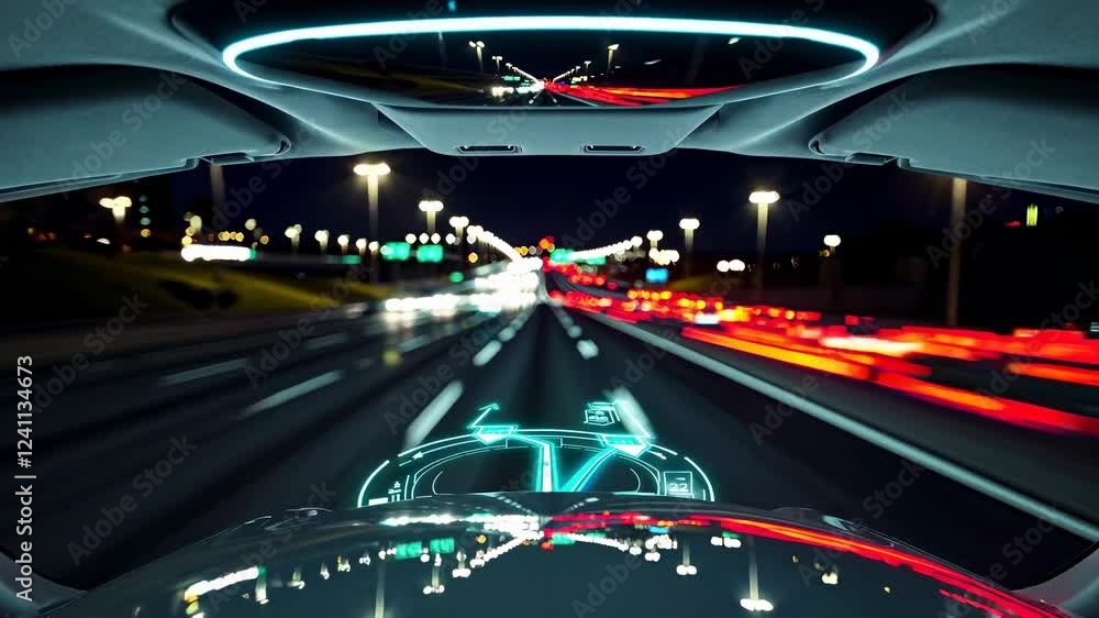 Aufkleber high-tech dashboard perspective of a nighttime highway drive showcasing advanced navigation features