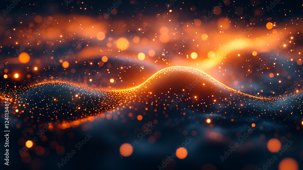 Poster abstract representation of glowing particles creating waves of light in a dark setting
