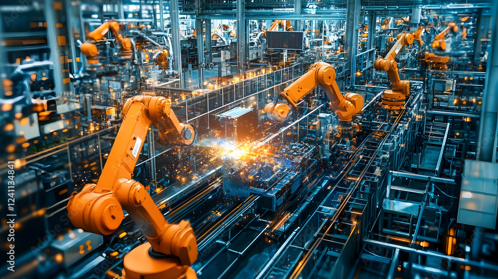 Poster automated manufacturing process with robotic arms assembling products in a factory