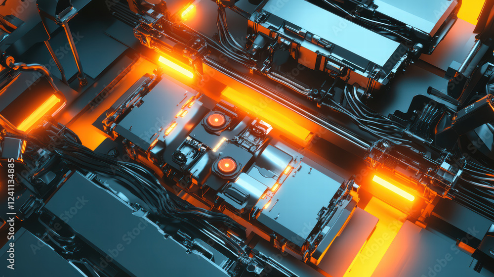 Poster innovative robot assembly line featuring electric car battery components, showcasing advanced techno
