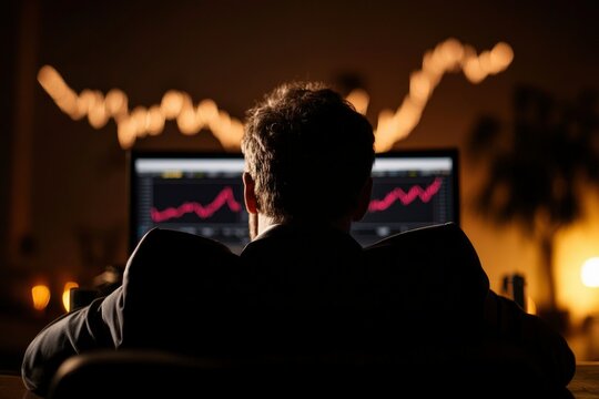 Man Viewing Stock Market Data Late At Night