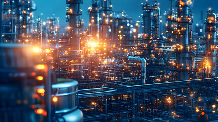 Vibrant industrial landscape at night showcasing illuminated machinery and pipes