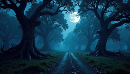 Naklejka premium Moonlit forest path lined with ancient trees and twisted branches, mysterious, moonlight