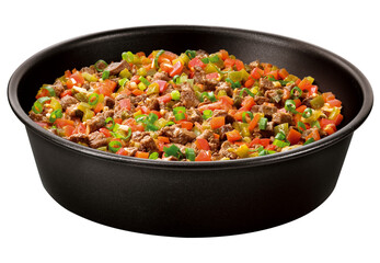 panela com picadinho de carne bovina com legumes isolado em fundo transparente