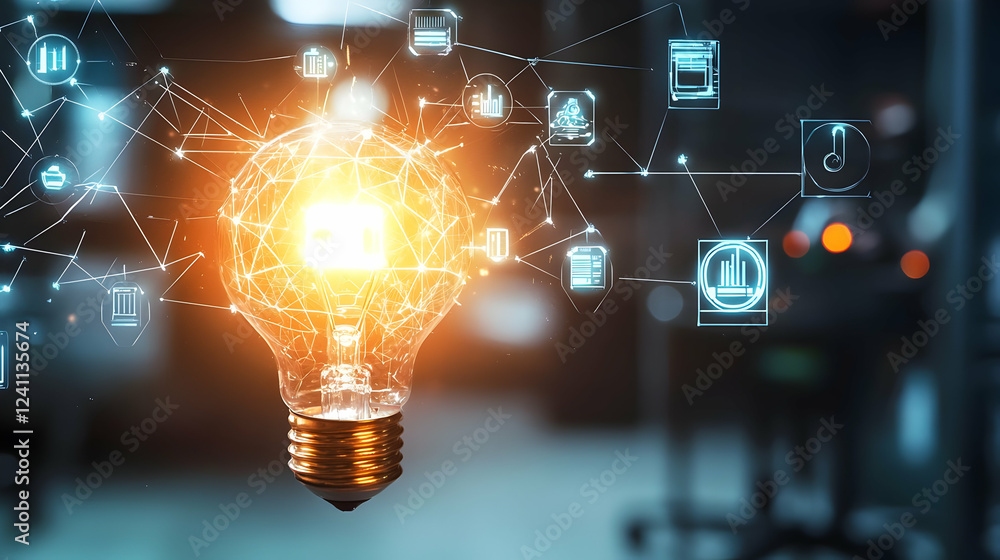 Poster illuminated light bulb symbolizing innovation with digital icons in background