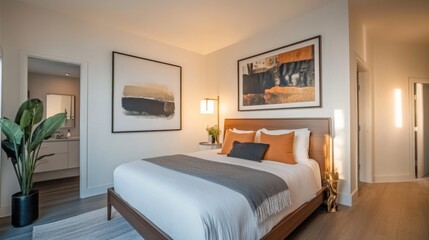 Fototapeta premium A cozy minimalist bedroom with a low-profile bed, simple bedding, and a large piece of art on the wall, showcasing an uncluttered and peaceful atmosphere.