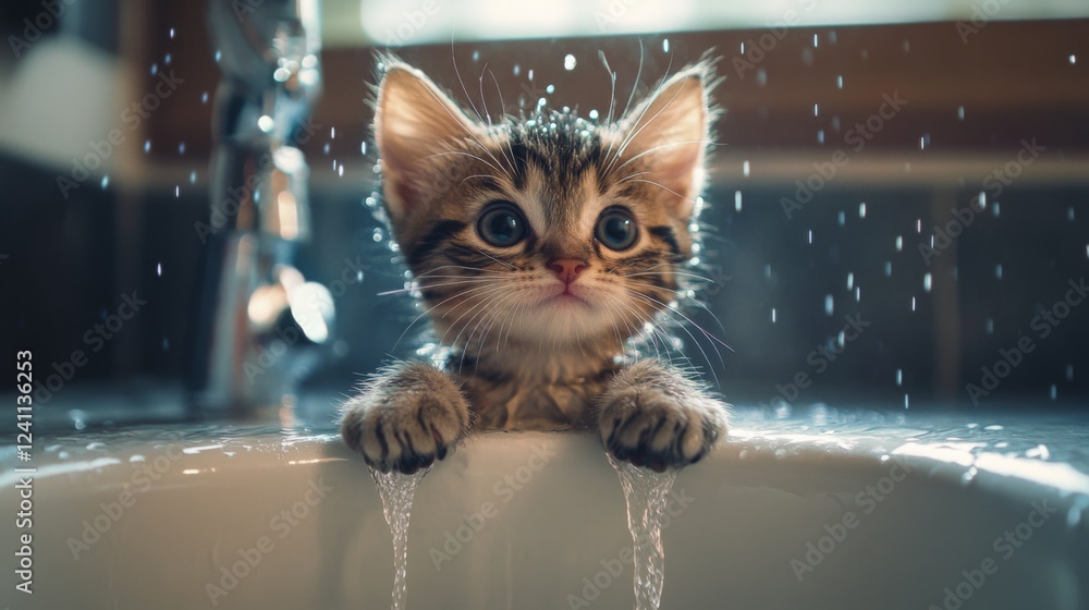 Poster a cute, drenched kitten sitting in a sink with a gentle stream of water flowing, its tiny paws resti