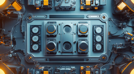 Fototapeta premium Innovative robot assembly line featuring electric car battery components, showcasing advanced technology and intricate design. image captures futuristic industrial environment