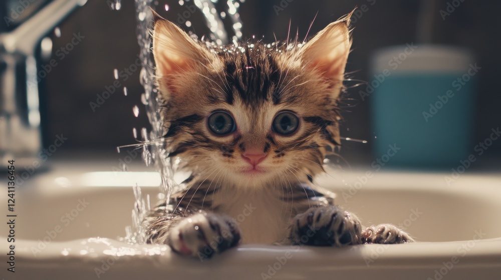 Poster a cute, drenched kitten sitting in a sink with a gentle stream of water flowing, its tiny paws resti