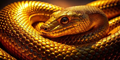 Fototapeta premium Majestic Coiled Golden Snake: Sparkling Scales, Drone Aerial View