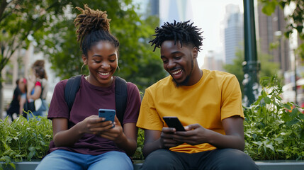 Fototapeta premium Young Friends Enjoying Technology in Urban Park Setting