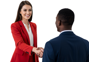 Portrait of cheerful young manager handshake with new employee, isolated
