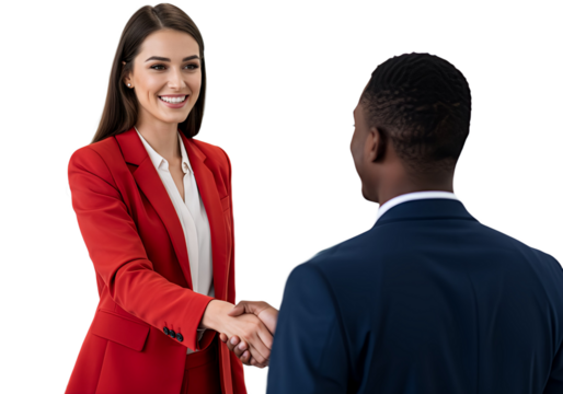 Portrait of cheerful young manager handshake with new employee, isolated - Powered by Adobe
