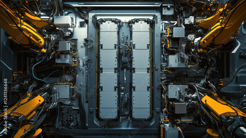 Aufkleber assembling electric car battery cell modules with robotic arms in high tech environment showcases ad